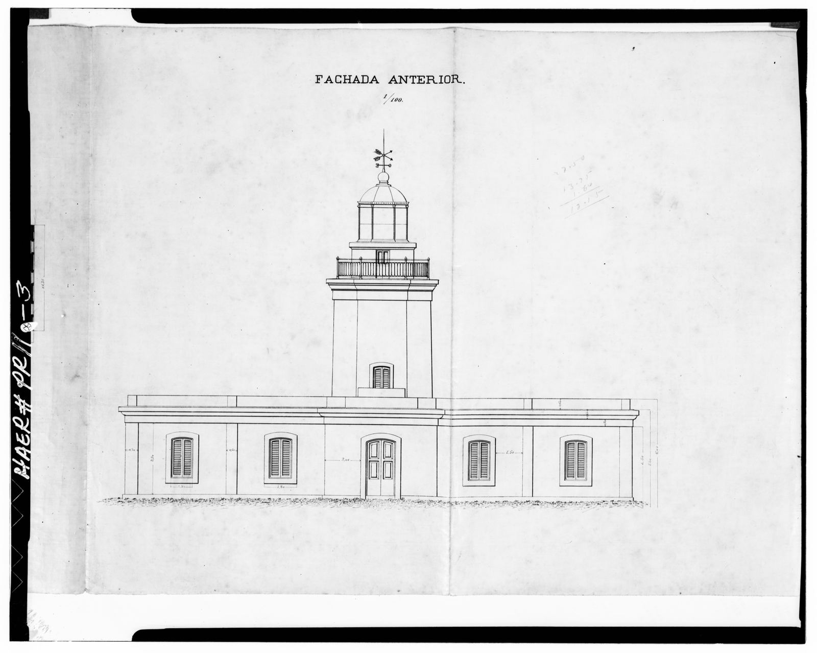 La fachada de entrada. Lámina original de 1881 del Faro de Los Morrillos