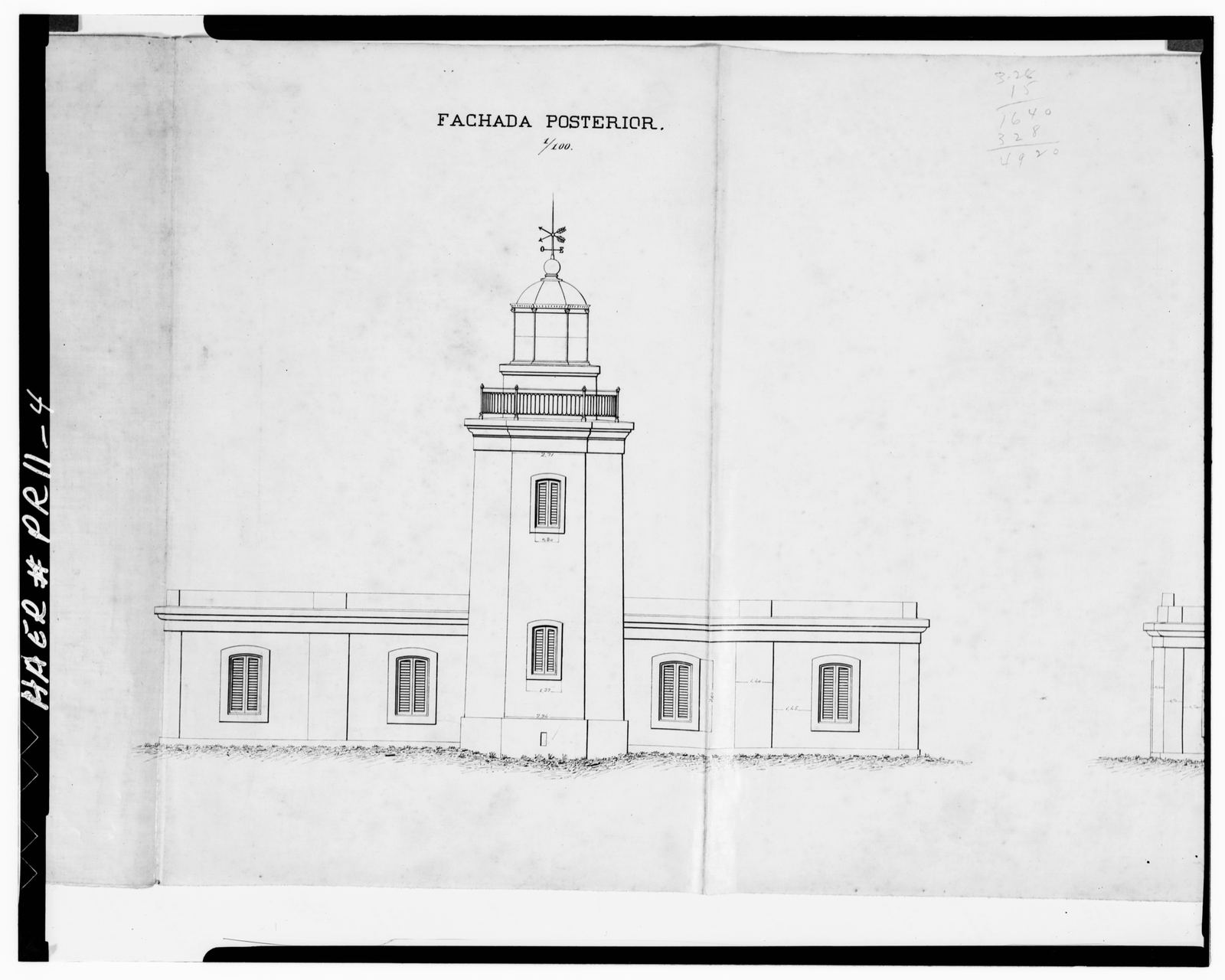 La fachada posterior. Lámina original de 1881 del Faro de Los Morrillos