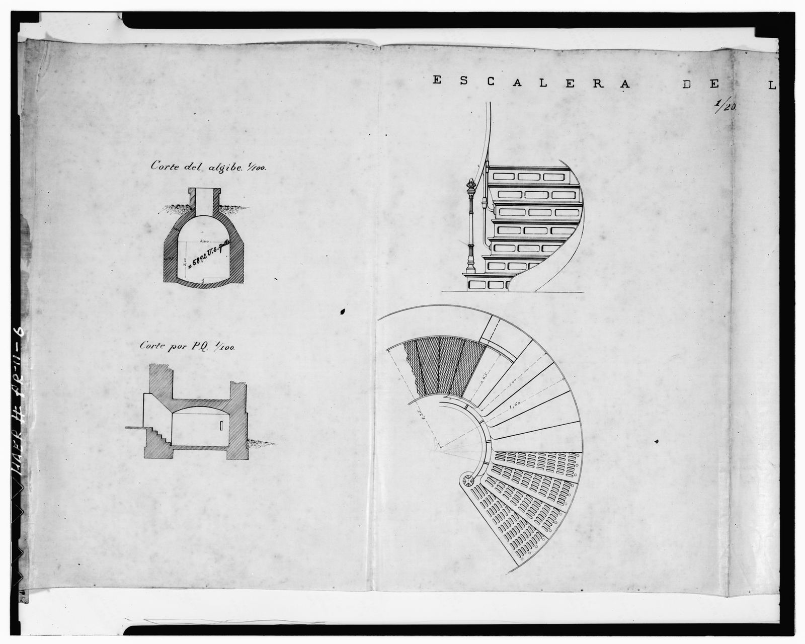 La escalera de hierro, la cisterna y la sala de aceite. Lámina original de 1881 del Faro de Los Morrillos