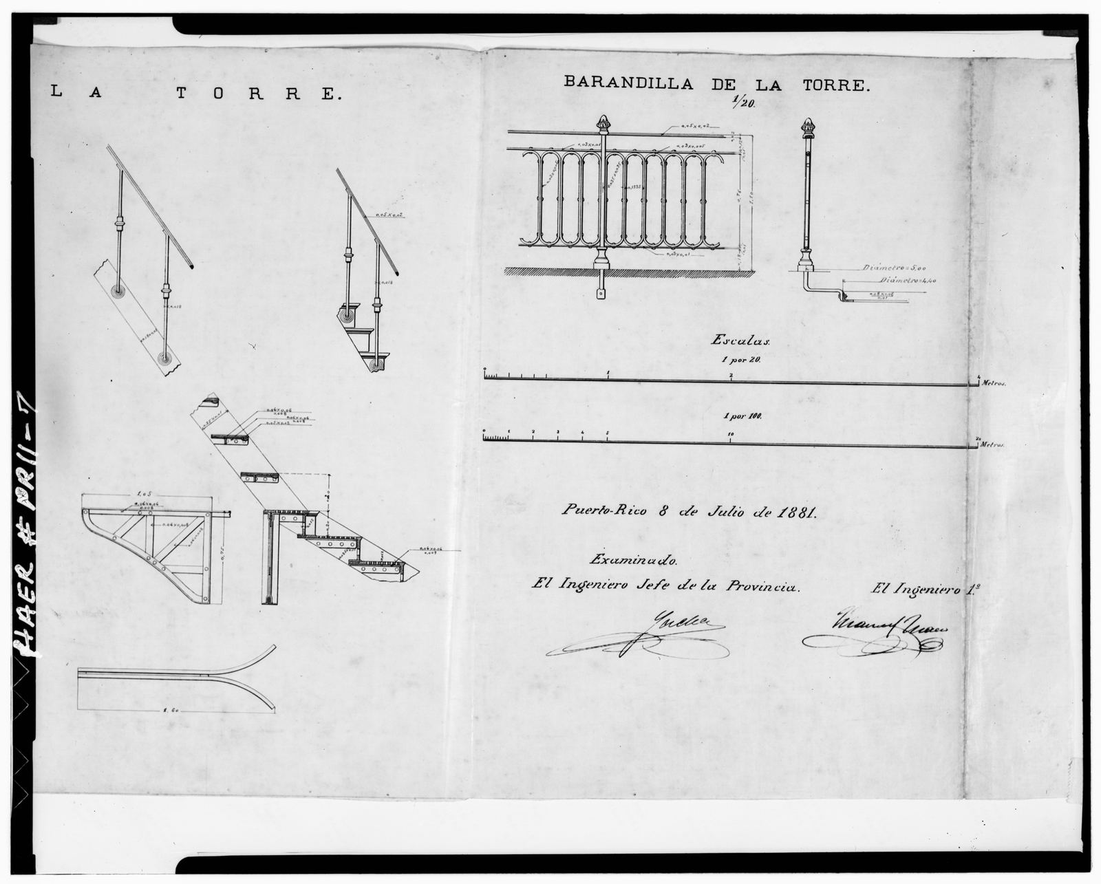 La torre y la linterna. Lámina original de 1881 del Faro de Los Morrillos